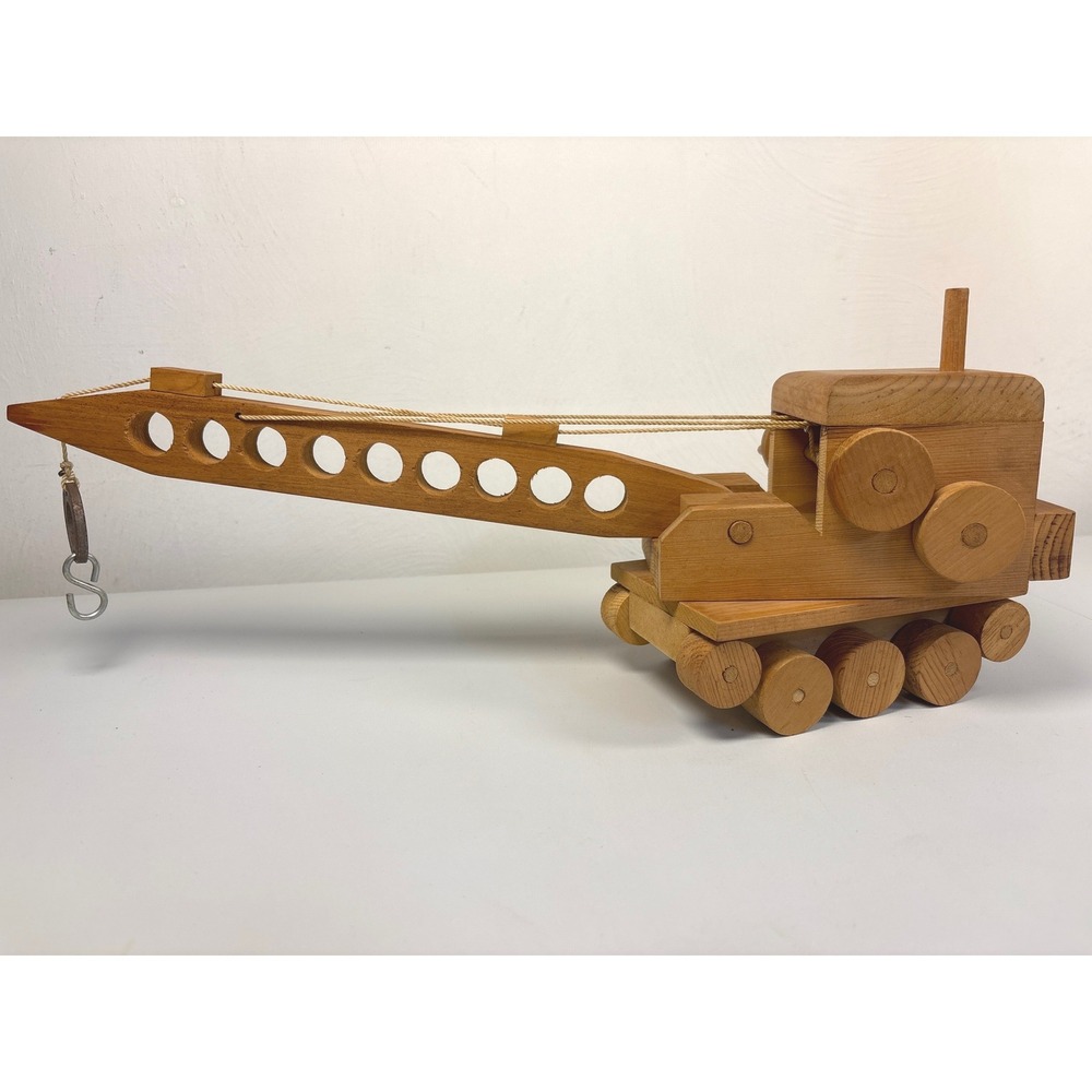 Vintage Handcrafted Wooden Crane Toy Moving Boom Winch Hook Natural Wood Decor